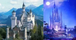 Los espectaculares escenarios de algunas de las películas más famosas de Disney no salieron de la imaginación de sus dibujantes y creadores, sino de entornos naturales o monumentos artísticos que existen en el mundo real. A la izquierda de la imagen el castillo de Neuschwanstein en Alemania y, a la derecha el castillo de la película La Cenicienta.