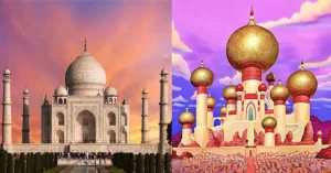 Los espectaculares escenarios de algunas de las películas más famosas de Disney no salieron de la imaginación de sus dibujantes y creadores, sino de entornos naturales o monumentos artísticos que existen en el mundo real. A la izquierda de la imagen el Taj Mahal en India y, a la derecha el castillo de la película Aladdin.