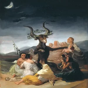 En este cuadro de Francisco Goya, vemos una reunión de brujas presidida por un macho cabrio, recibe de dos brujas la ofrenda de niños. También vemos a media docena de niños, varios de ellos ya chupados, esqueléticos y a otros colgados de un palo.