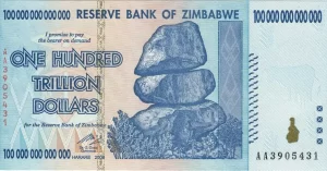 Anverso del billete de 100 trillones (billones en nuestra escala larga) de dólares.