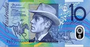 Billete de 10 dólares autralianos, con la foto del poeta y periodista Andrew Barton Paterson (Banjo).