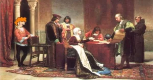 Colón exponiendo su teoria a los Reyes Católicos, sus benefactores. Principalmente la reina
