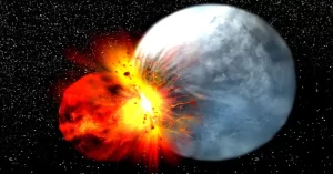 La teoría del gran impacto, también conocida como la hipótesis de Theia, propone que la Luna se formó a partir de los escombros de una colisión entre la joven Tierra y un objeto del tamaño de Marte llamado Theia, hace unos 4.500 millones de años. Este impacto no solo formó la Luna, sino que también habría dejado huellas en la composición de la Tierra, con restos de Theia incorporándose al manto terrestre. 
