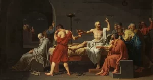 La muerte de Sócrates, por Jacques-Louis David (1787), en la cual se representa a Sócrates preparado para beber la cicuta, tras su condena por corromper a la juventud ateniense.