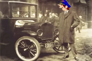 Aquí vemos a LuisSkier recogiendo su primer coche hace ya 'la tira' de años- Era un Ford T y tenía una bocina que hacía 'pabú'.