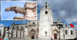 La flecha indica la localización de la gárgola.
