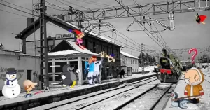 En esta vista invernal de la estación Herradón-La Cañada se puede apreciar que el niño no le teme al frío. Sigue con su pelotita 'erre que erre'. Y la foca de la izquierda, corre que corre pues pierde el tren. ¡Pero ... qué ven mis ojos! Enfrente de mí está el famosisimo 'Hombres de las Nieves', el Yeti,  y su bellesima pareja, 'La Choni'. Parece que van a esquirar, pero ... ¿a dónde?