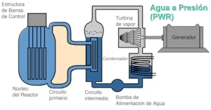 Reactor de agua a presión (PWR) en los que el agua circula  a muy alta presión por el llamado “circuito primario” a través del núcleo del reactor donde se calienta antes de dirigirse a los generadores de vapor.