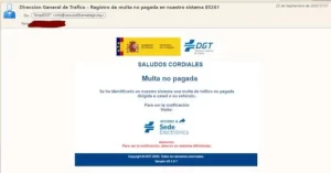 Correo electrónico supuestamente proveniente de la Dirección General de Tráfico,que notificac de falsas de multas a los conductores.