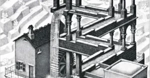 La 'Cascada de Escher' representa una corriente de agua que fluye en zigzag, de tal forma que acaba dos pisos más arriba de donde comienza.
