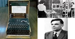 Turing sentó las bases de la computación moderna y los criterios para la inteligencia artificial, además de ser conocido sobre todo por romper los códigos utilizados por el Ejército alemán y su máquina codificadora Enigma. La Enigma a la izquierda y la Colossus a la derecha