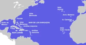 En la imagen se muestra la situación del mar de los Sargazos, en el océano Atlántico norte.