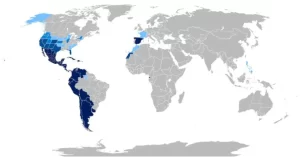 Se muestra en el mapa los lugares en que el idioma español es: 1.- azul oscuro - oficial o cooficial. 2.- azul medio-oscuro - lugares en que carece de estatus oficial pero es hablado por un 25 % o más de la población. 3.- azul medio-claro - lugares donde el español carece de estatus oficial pero es hablado por un 10-20 % de la población. 4. azul claro - lugares donde el español carece de estatus oficial pero es hablado por un 5-9 % de la población.