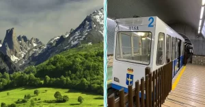 A la derecha de la imgen podemos apreciar los paisajes de los Picos de Europa en las inmediaciones de la Peña Main, a donde nos sube el funicular. A la derecha de la imagen la estación inferior.