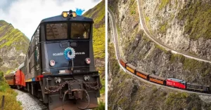 A la izquierda de la imagen la locomotora del tren La Nariz del Diablo. A la derecha unos de los zig-zag que le permiten 'escalar' la montaña.