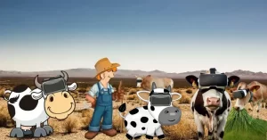 Es plausible la agudeza de los ganaderos de cierto pueblo en el que escasean los terrenos de pasto. Gracias a colocar una gafas de realidad virtual a cada vaca, logran que estas paste en terrenos baldios, ya que ven estos como excelentes pastizales, devorando la maleza como el pasto más exquisito. 