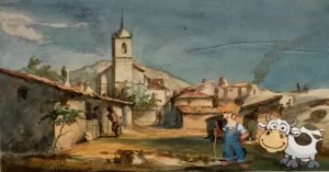 Vista de Zarzalejo con la iglesia de San Pedro Apóstol (1852-1858), de Martín Rico. Acuarela sobre papel verjurado, 101 x 179 mm. Museo del Prado de Madrid.